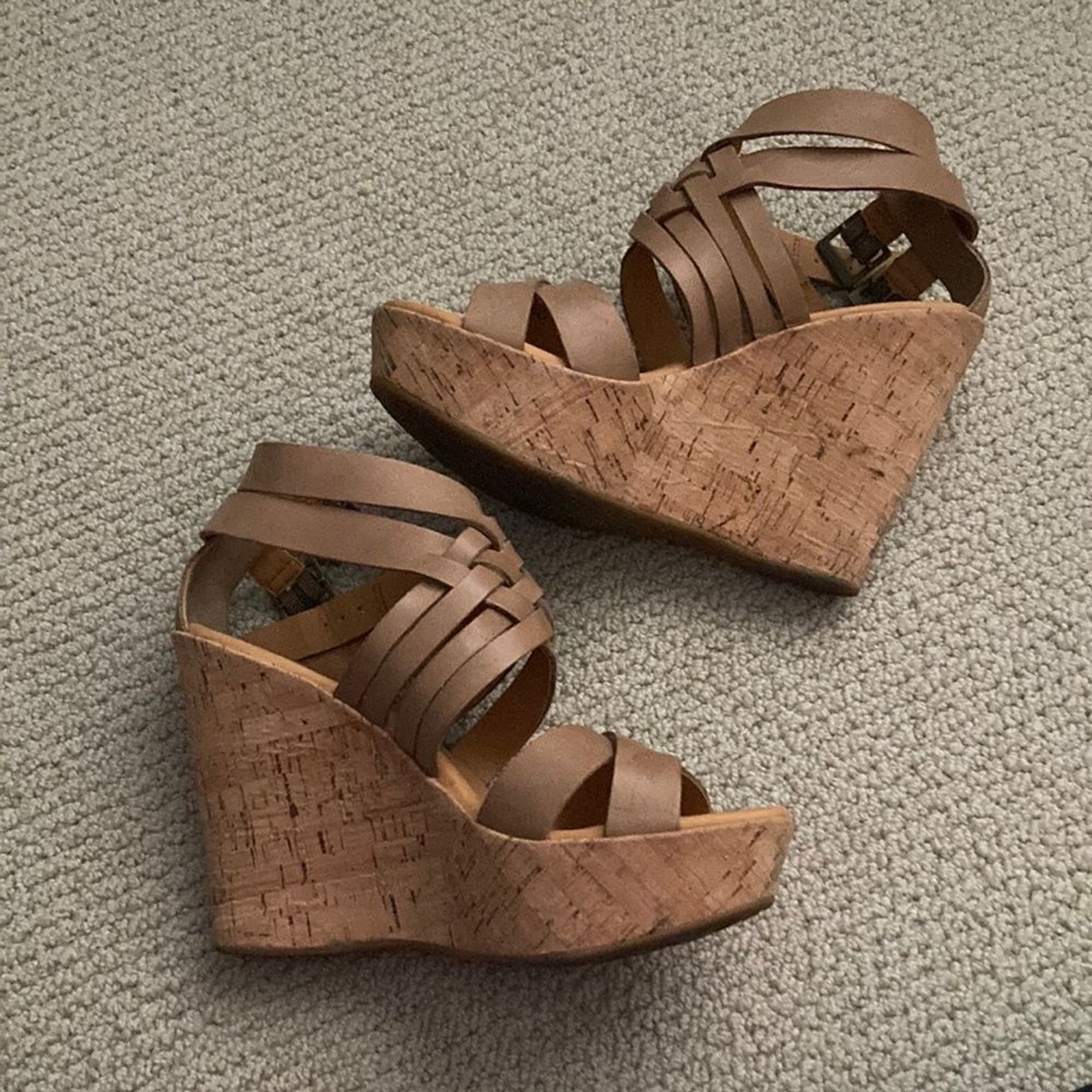 Korks by Kork-Ease Platform Cork Leather Tan Strappy Wedges High Heels Sz 8 EUC Korks by Kork-Ease Platform Cork Leather Tan Strappy Wedges High Heels Sz 8 EUC