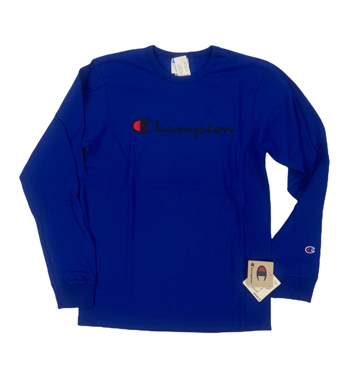 NEW Champion Heritage Long Sleeve Script Mens Graphic T Shirt Tee Blue Black NWT