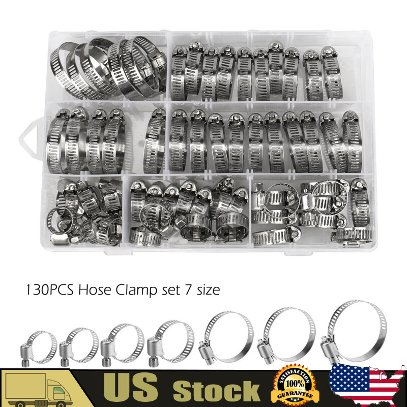 130pcs Adjustable Hose Clamps Worm Gear Stainless Steel Clamp Assortment Kit US
