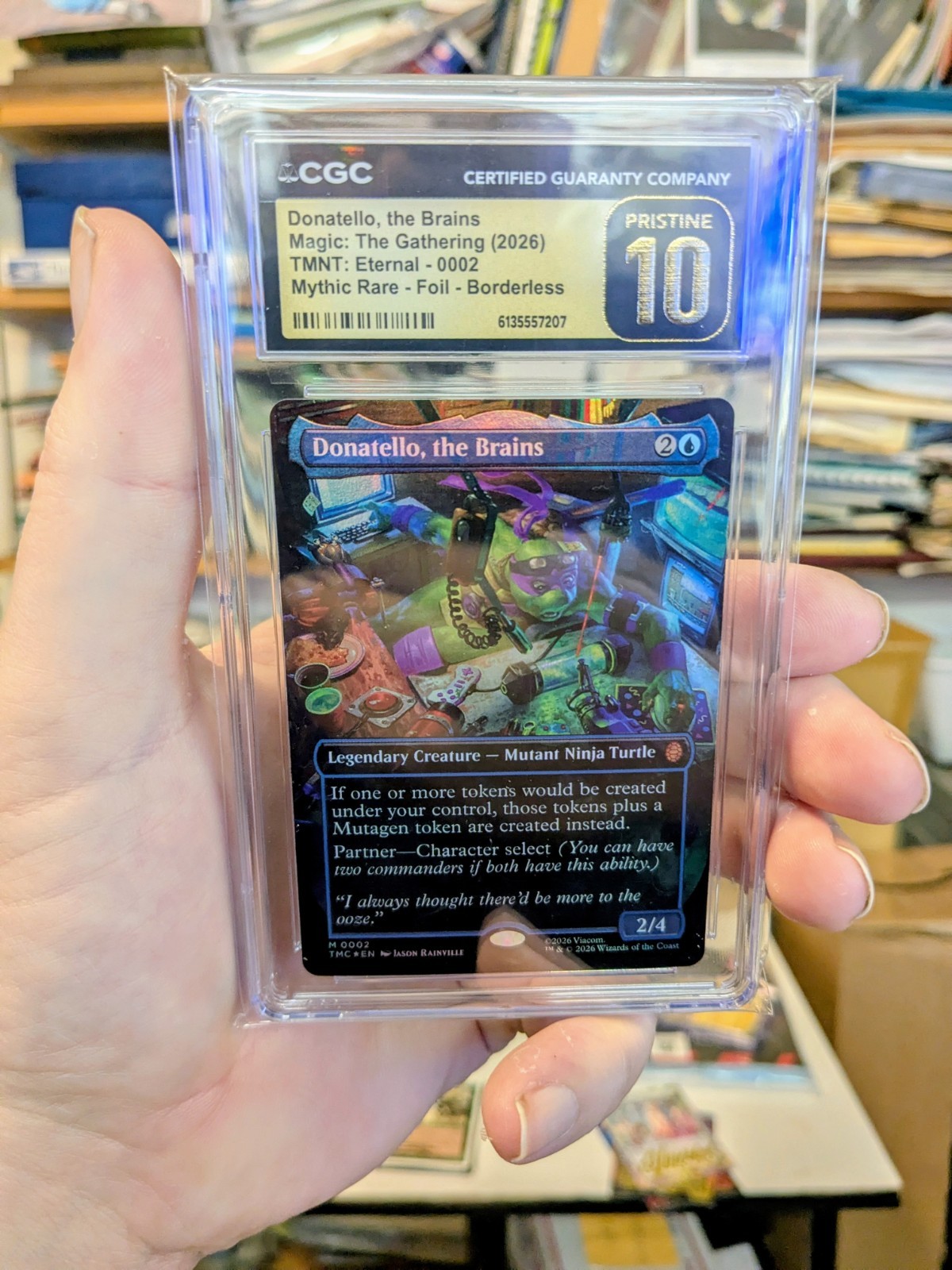 MTG TMNT MYTHIC RARE FOIL Donatello, the Brains CGC PRISTINE 10 MTG TMNT MYTHIC RARE FOIL Donatello, the Brains CGC PRISTINE 10
