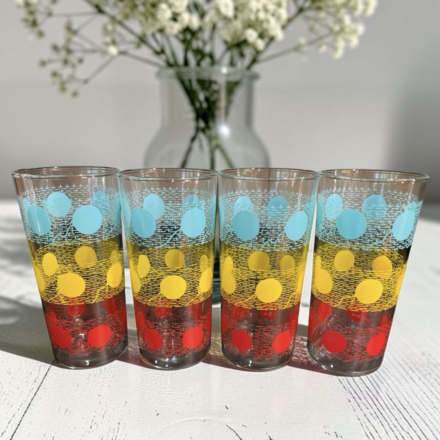 Vintage Bartlett Collins Fish Net Glasses MCM Atomic Dots Tumblers Set of 4 6\ Vintage Bartlett Collins Fish Net Glasses MCM Atomic Dots Tumblers Set of 4 6\