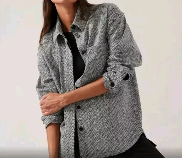 Athleta Braiden Textured Shirt Jacket Black White Oversized Athleisure Medium