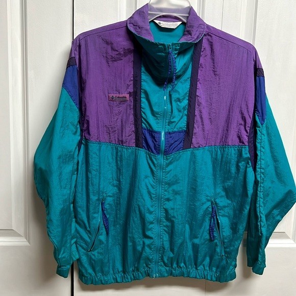 Vintage Columbia Teal Purple Nylon Zip Pockets High Neck Windbreaker Jacket XL Vintage Columbia Teal Purple Nylon Zip Pockets High Neck Windbreaker Jacket XL