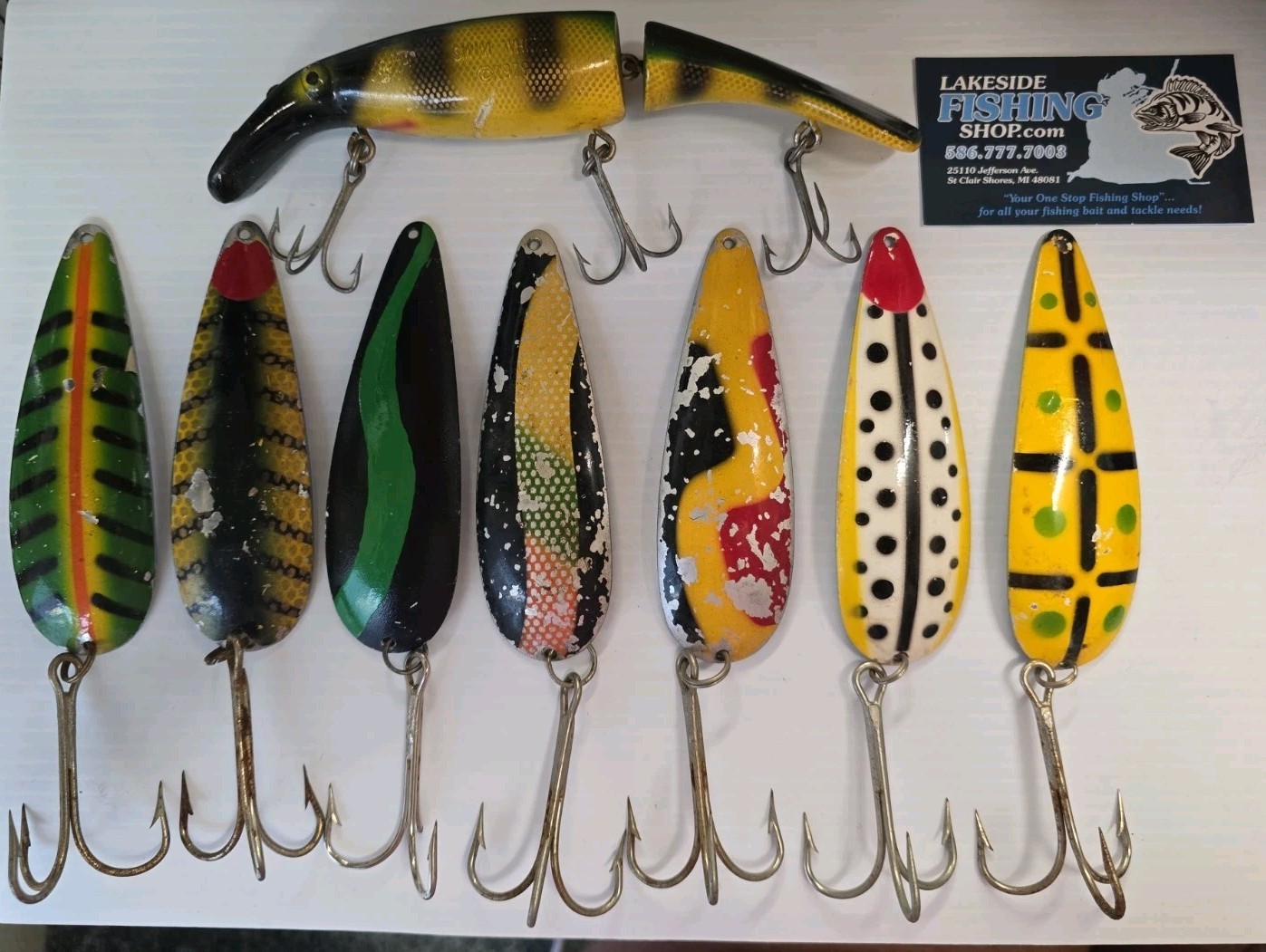 LOT OF 9 VINTAGE HOMER LEBLANC MUSKIE FISHING LURES IVANHOE JR SPOONS/SWIM WHIZZ