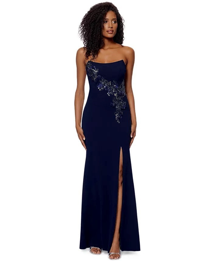 Betsy & Adam Navy Blue Beaded Floral Strapless Scuba Crepe Gown Size 10 $309