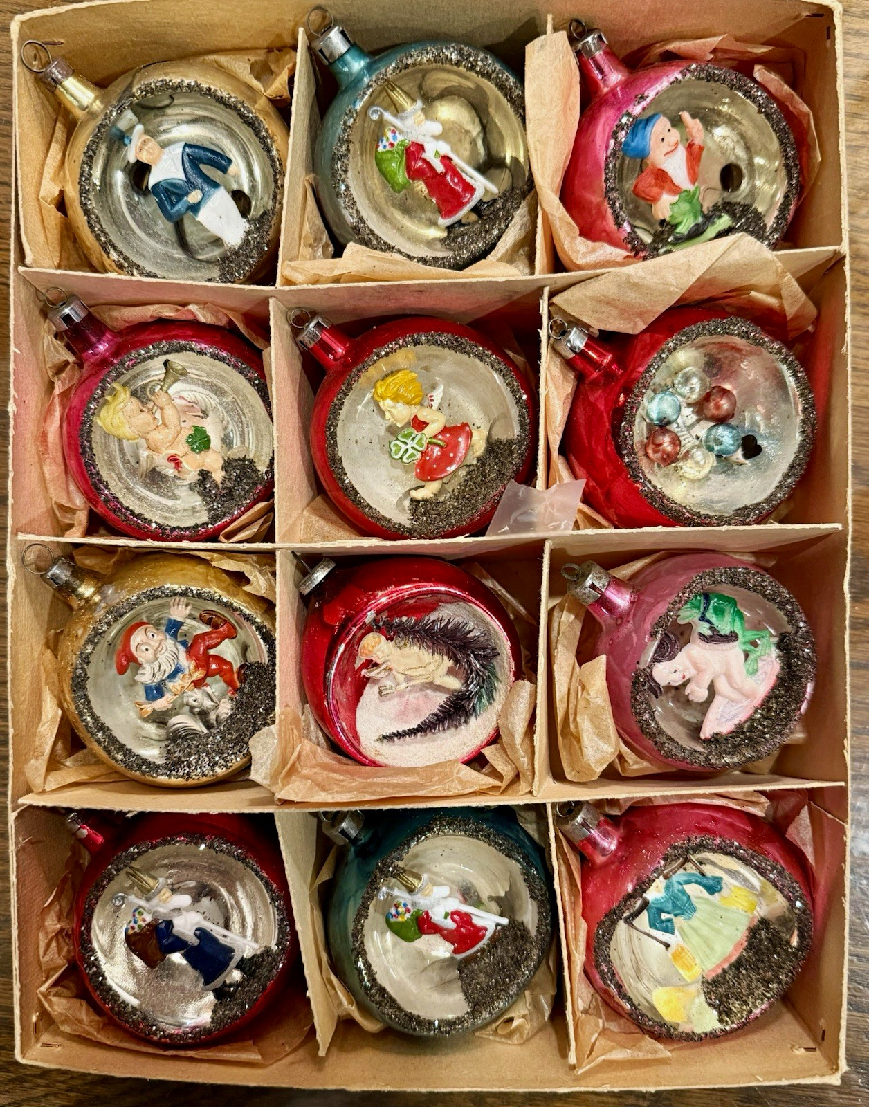 12 Vintage Czechoslovakia Glass Diorama Christmas Ornaments Figural Boxed