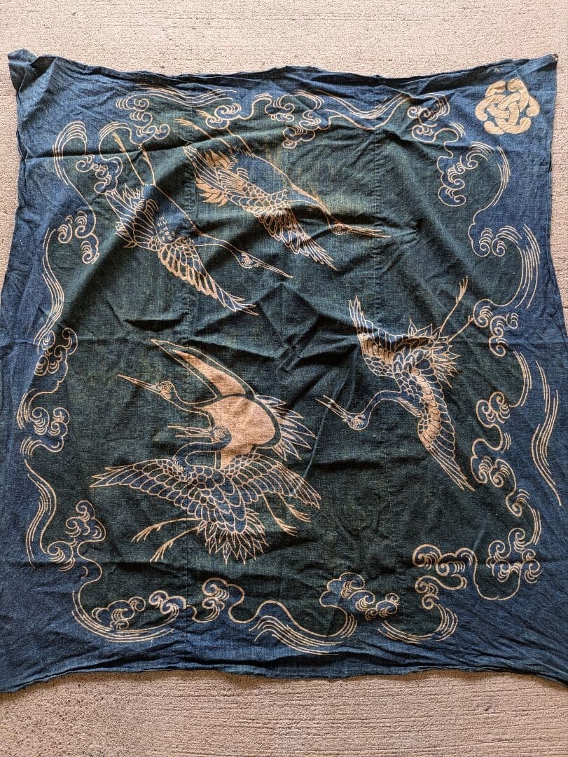 Japanese Antique Tsutsugaki Indigo Dyed Furoshiki Crane & Waves Cotton Cloth