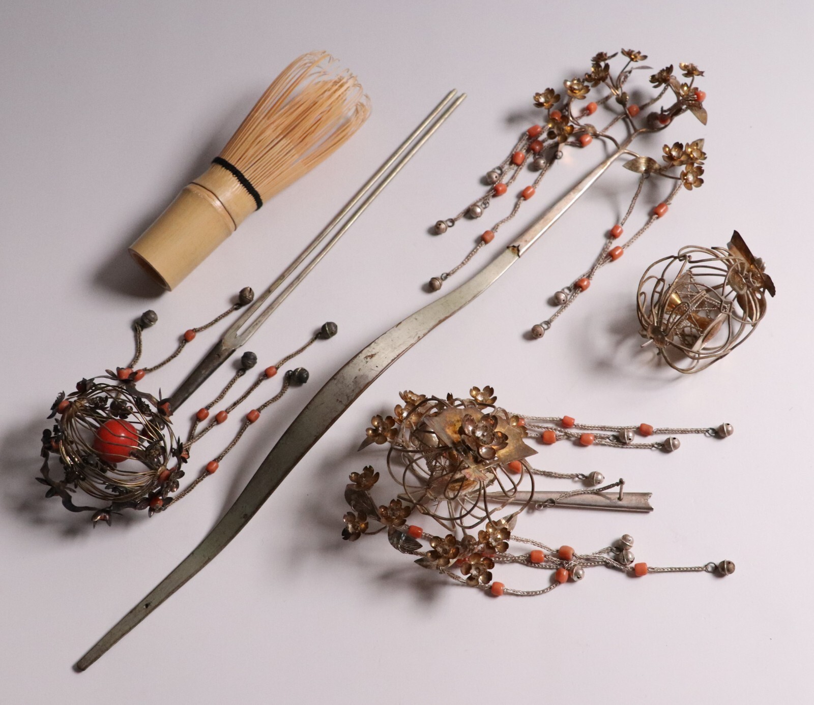 Japanese Silver&Coral Kanzashi Hairpin Set of 2 Geisha Accessory Drum Motif