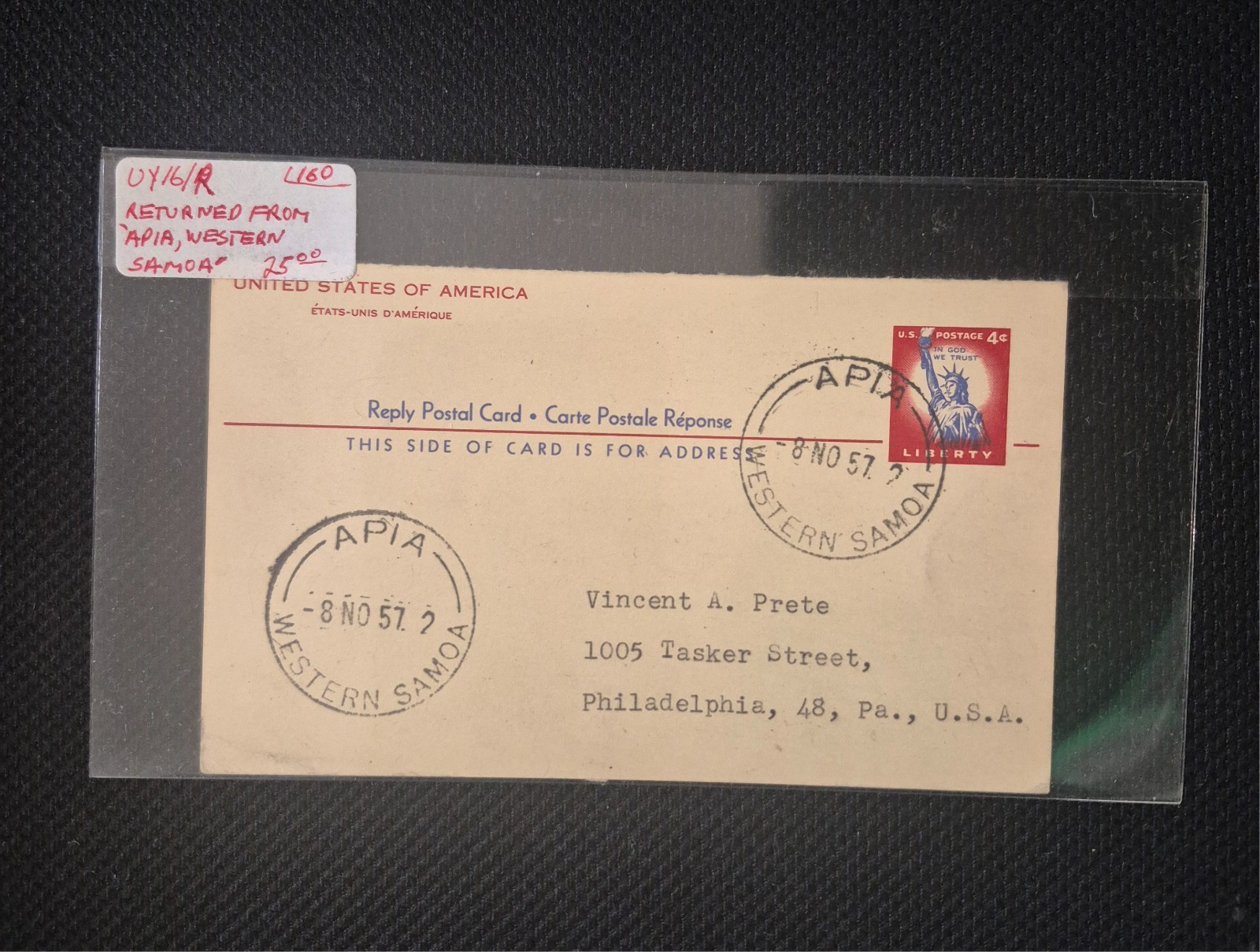 US stamps UY16 returned from Apia, Western Samoa (JST109