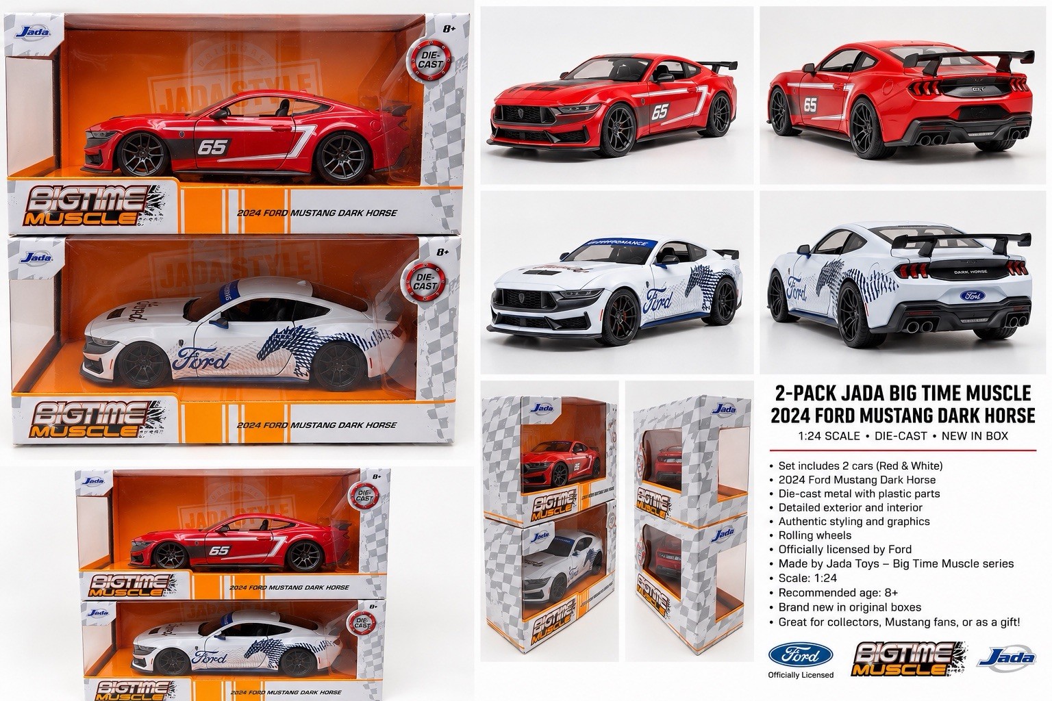Jada 1:24 2024 Ford Mustang Dark Horse Diecast 2-Car Set Red & White NEW Jada 1:24 2024 Ford Mustang Dark Horse Diecast 2-Car Set Red & White NEW
