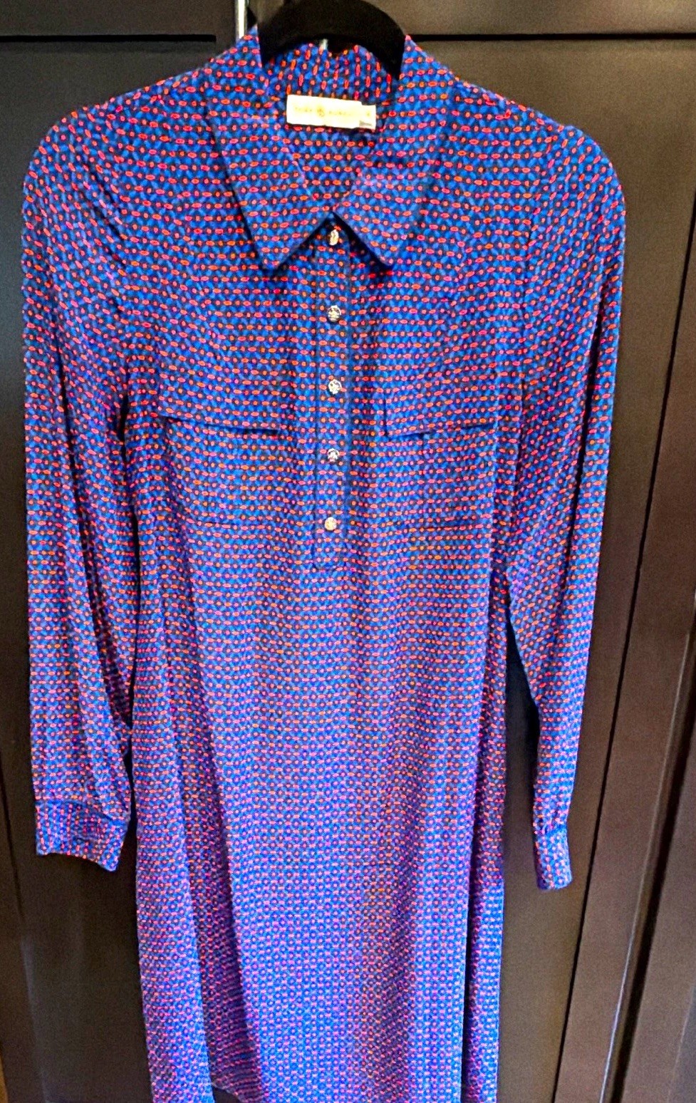 Tory Burch Belted Silk Shirt Dress Button-Front Geometric Blue Red Women\'s 10 Tory Burch Belted Silk Shirt Dress Button-Front Geometric Blue Red Women\'s 10