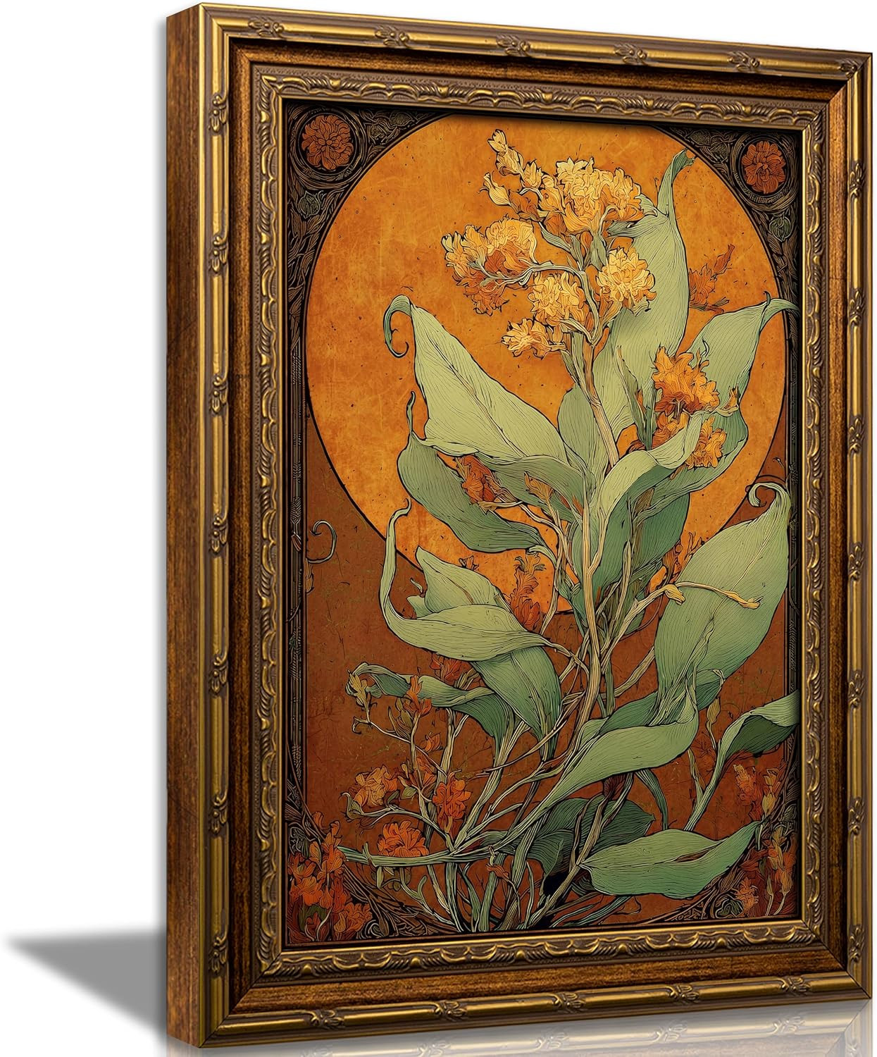 Vintage Gold Framed,Art Nouveau Botanical Floral Canvas Wall Art