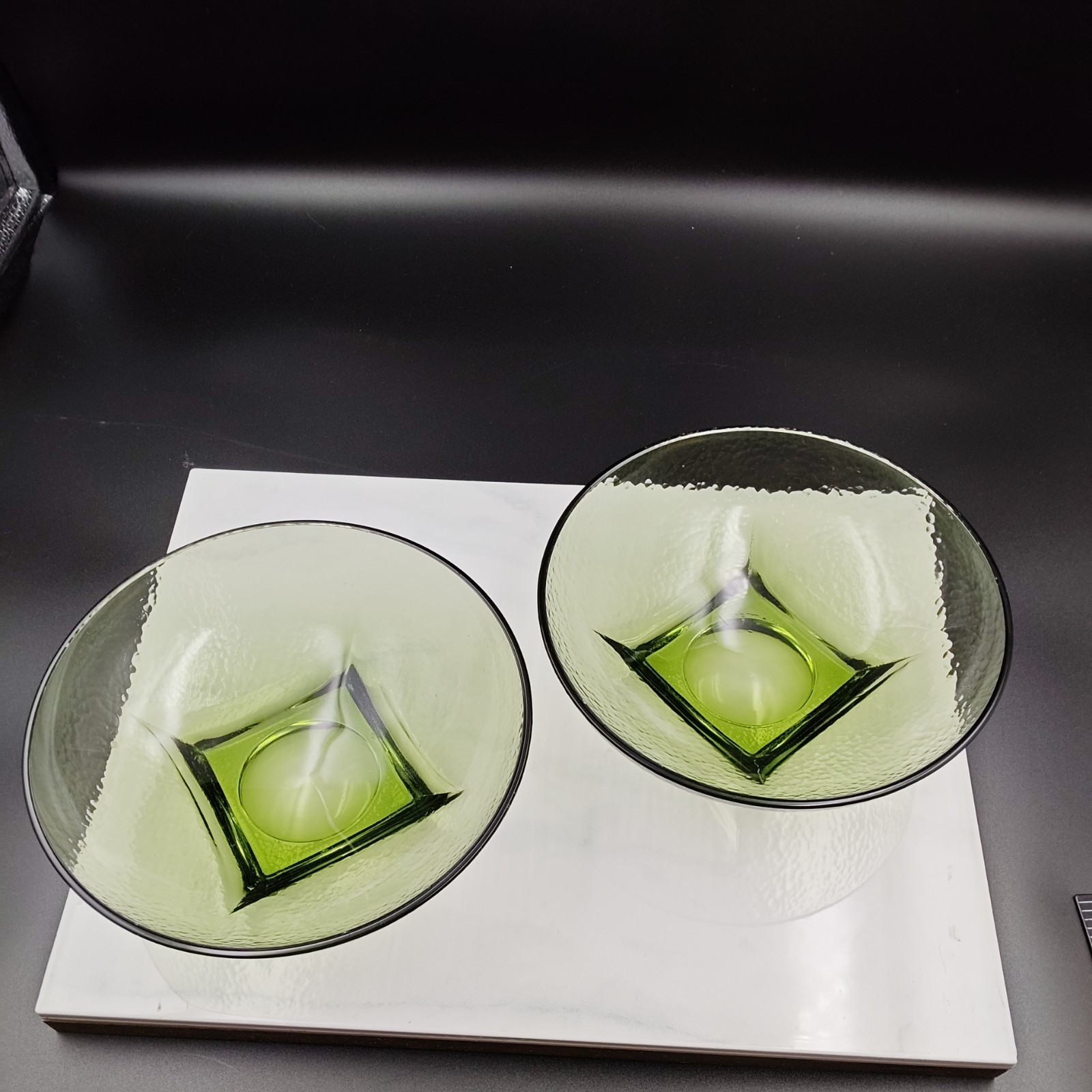 MCM Hazel Atlas Avocado Green Glass Bowl Set Of 2 Colony Square Base Pebblestone