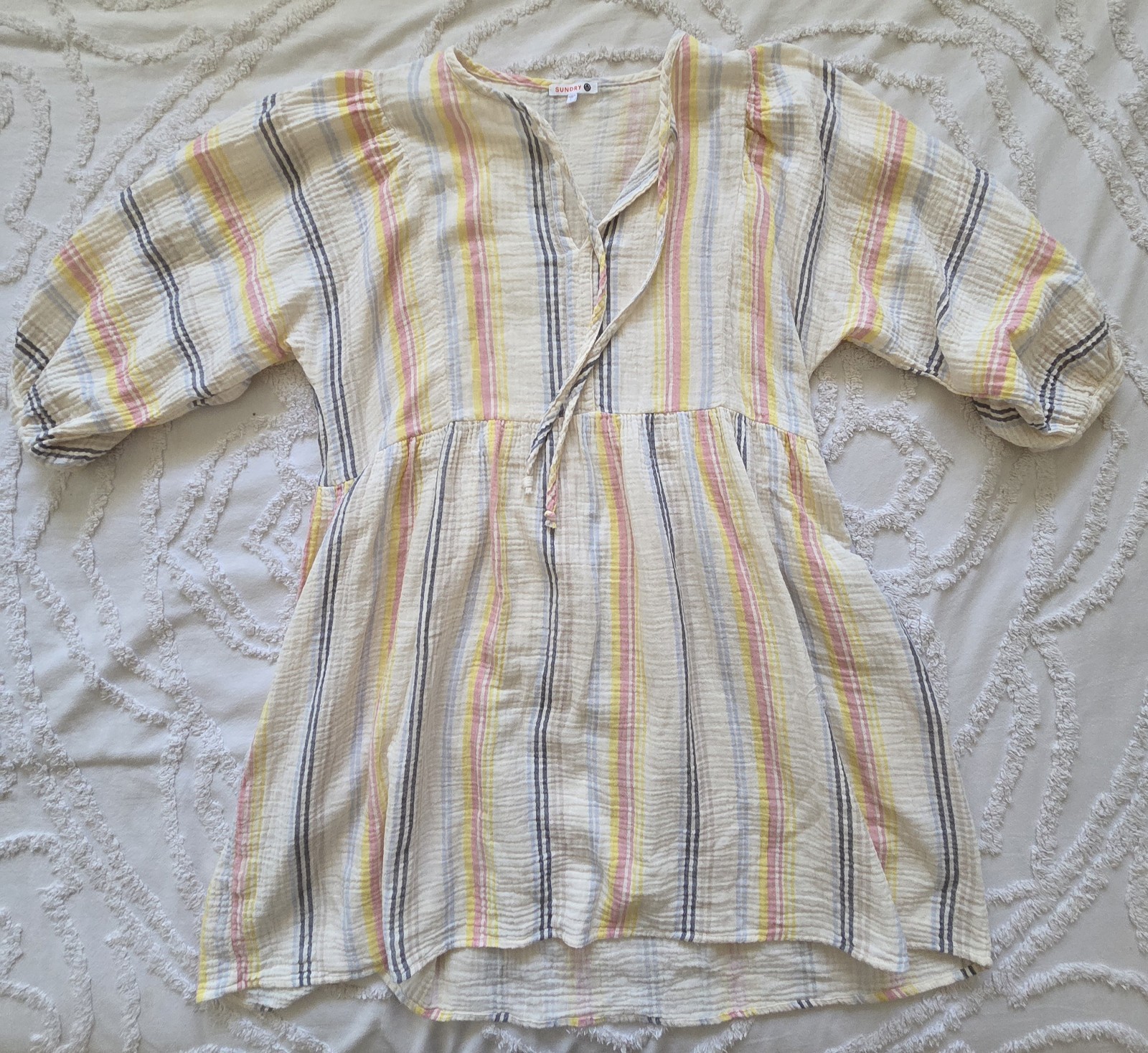 Sundry Striped Cotton Gauze Blouson Sleeve Babydoll Mini Dress Large Sundry Striped Cotton Gauze Blouson Sleeve Babydoll Mini Dress Large