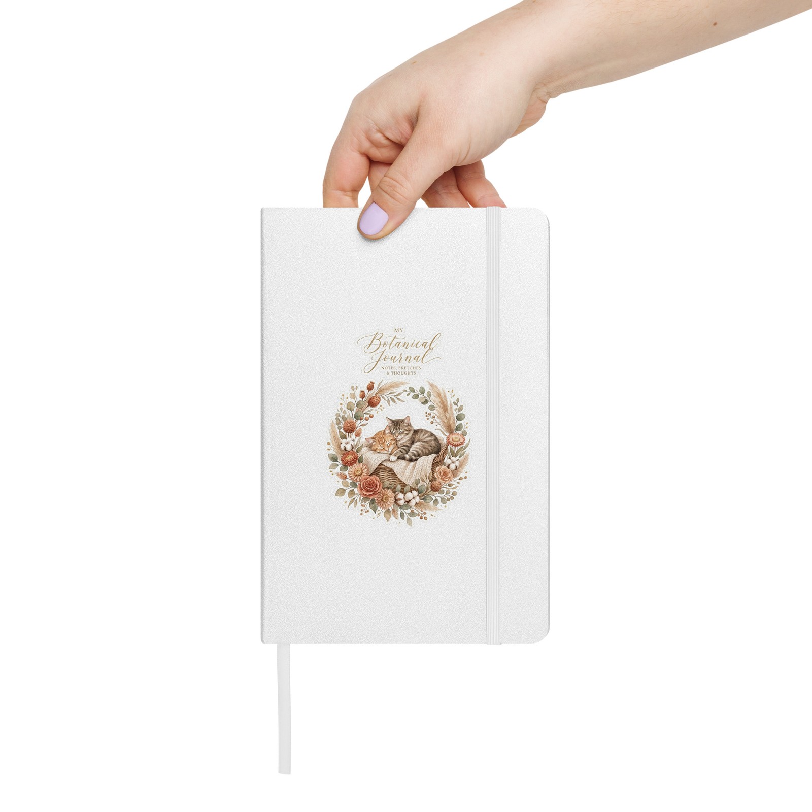 Two Cats Botanical Journal Notebook - White Hardcover Lined Pages 80 Sheets