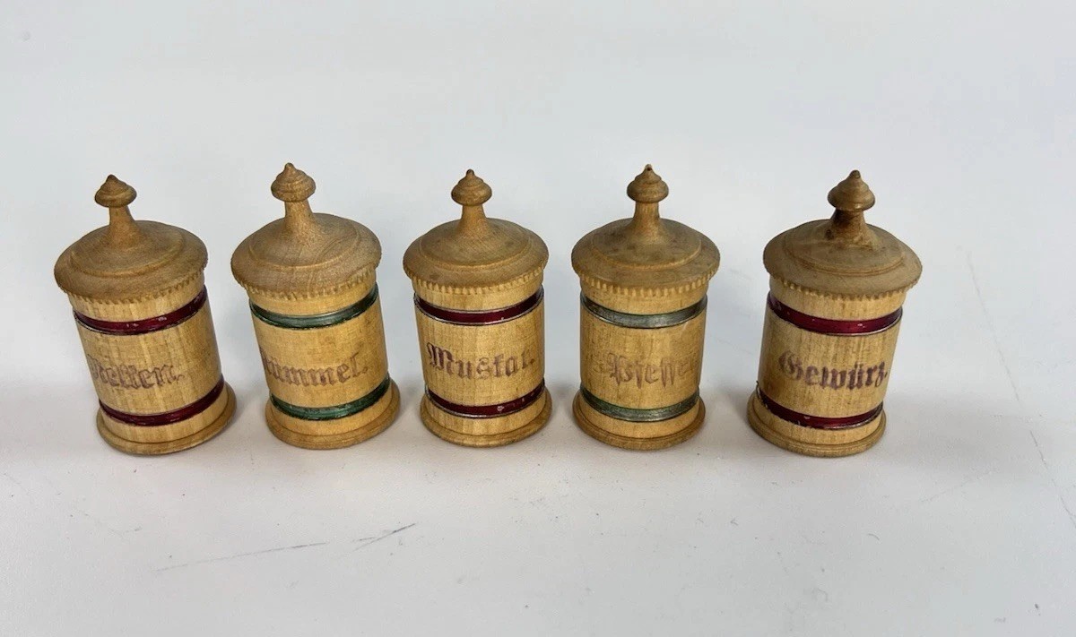 Antique German Miniature Wooden Spice Jars Lidded Canister Set