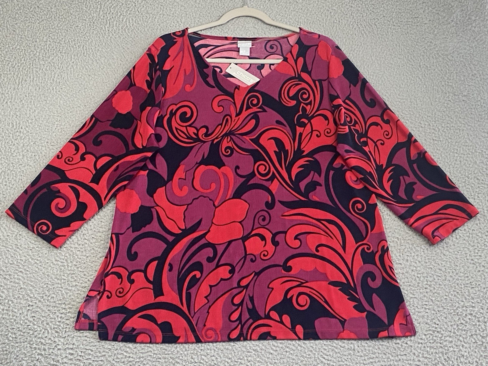 NWT Chicos Travelers V-Neck Top Long Sleeve Red Black 16-18 (3) Bohemian Floral