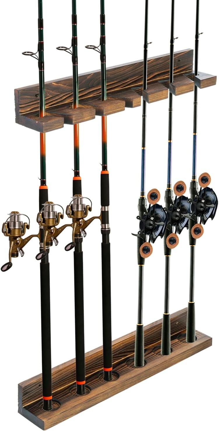 Wall Mounted Brown Solid Wood Fishing Rod Rack, Hanging Gear Storage Organizer