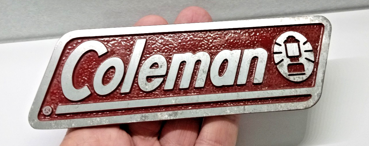 Vintage Coleman Lantern Advertising Sign Old Cast Metal Name Plate Badge Rare