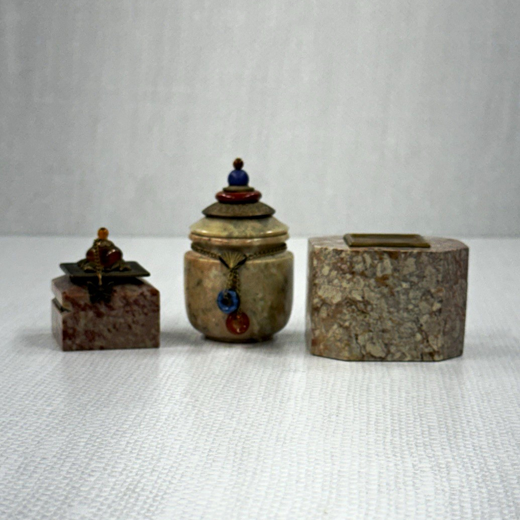 Vintage Jo Marz Trinket Boxes Set of 3 Alabaster Marble Beaded Lidded Vanity 