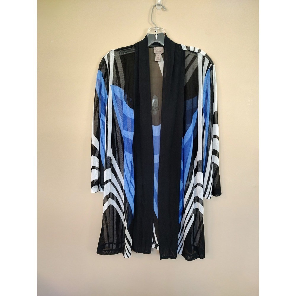 Easywear by Chicos Blue Black White Abstract Mesh Open Front Cardigan Size 1 M