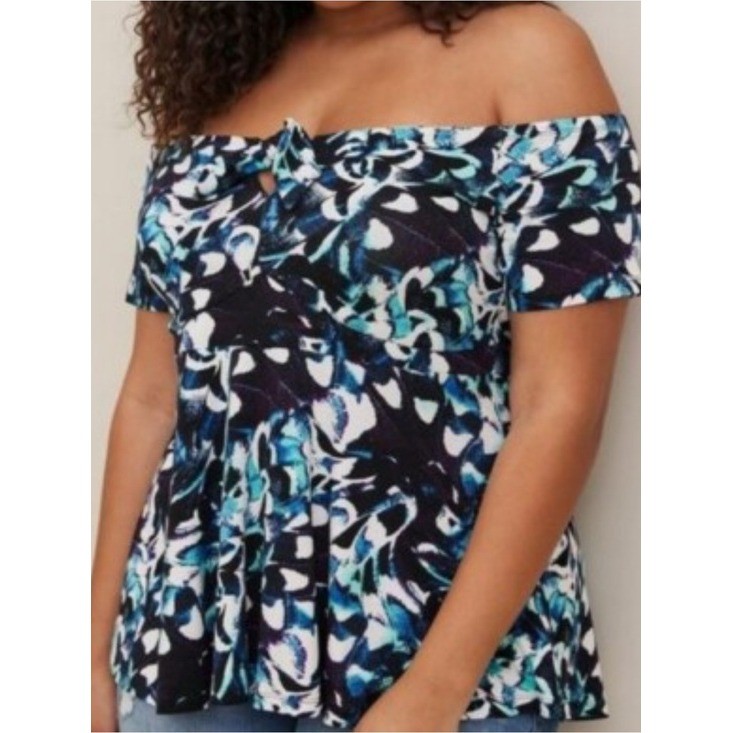 Torrid Off Shoulder Top Womens 3 Blue Good Abstract Tie Front Super Soft Knit