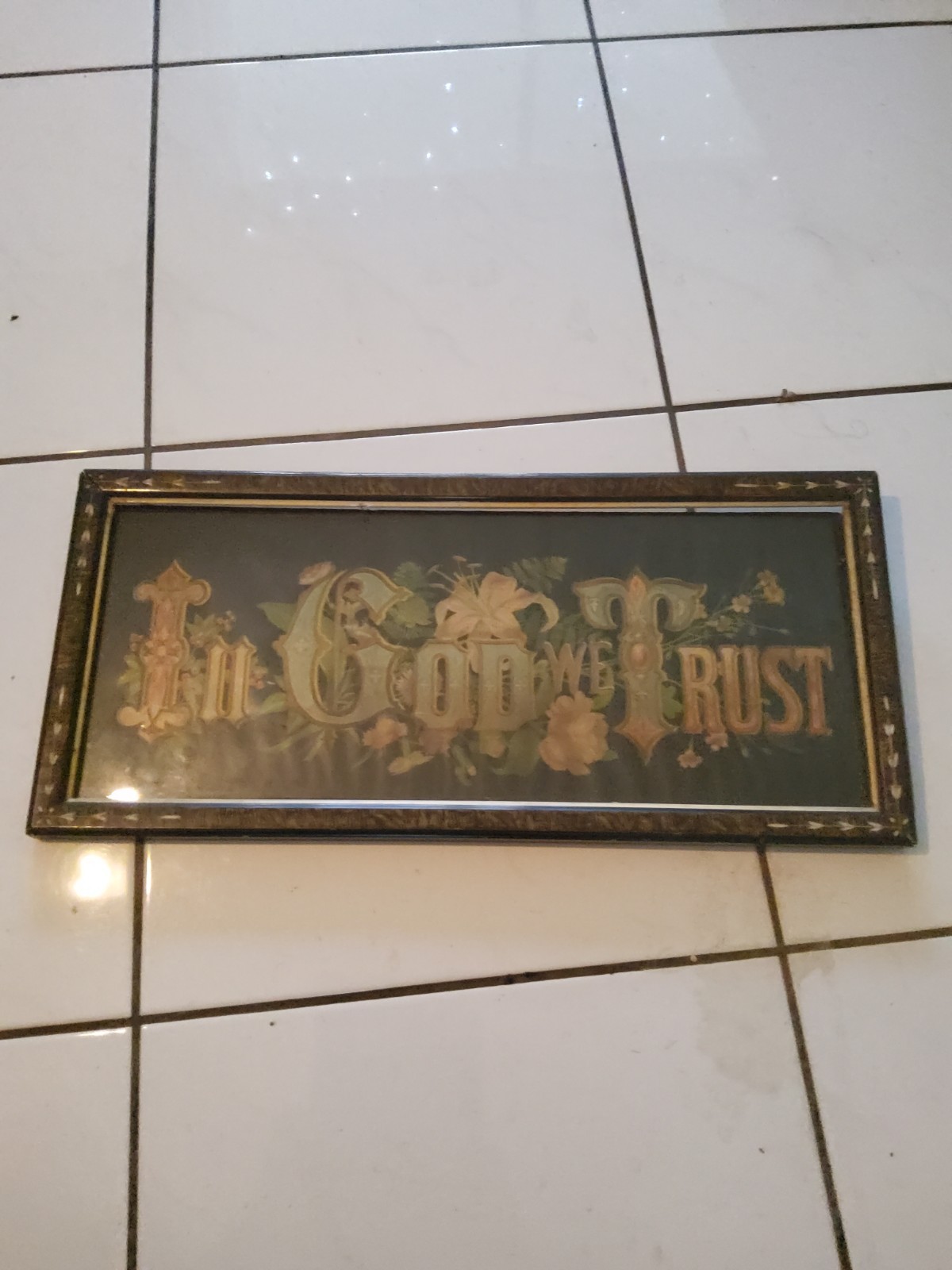 Vintage 1880s Victorian Motto Print In God We Trust ,framed Vintage 1880s Victorian Motto Print In God We Trust ,framed