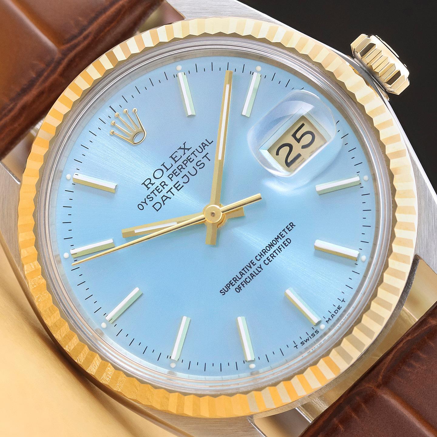 ROLEX DATEJUST 16013 18K GOLD STEEL ICE BLUE DIAL WATCH w/ BROWN LEATHER STRAP