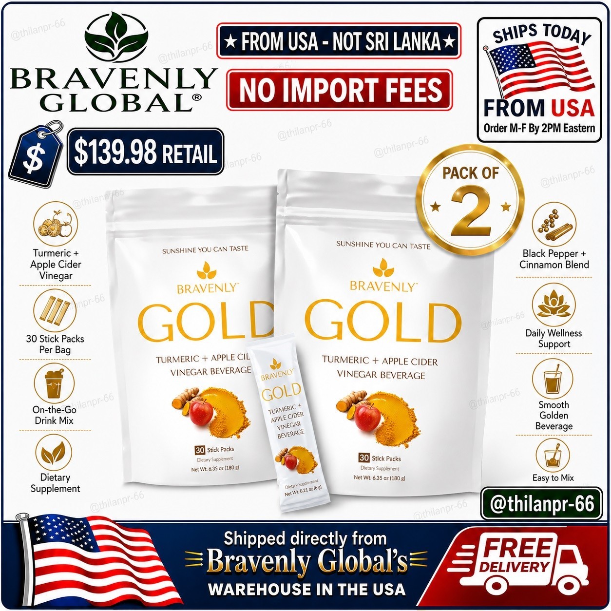 2x Bravenly Global GOLD Turmeric Apple Cider Vinegar Drink 30 Stick Packs Each🔥