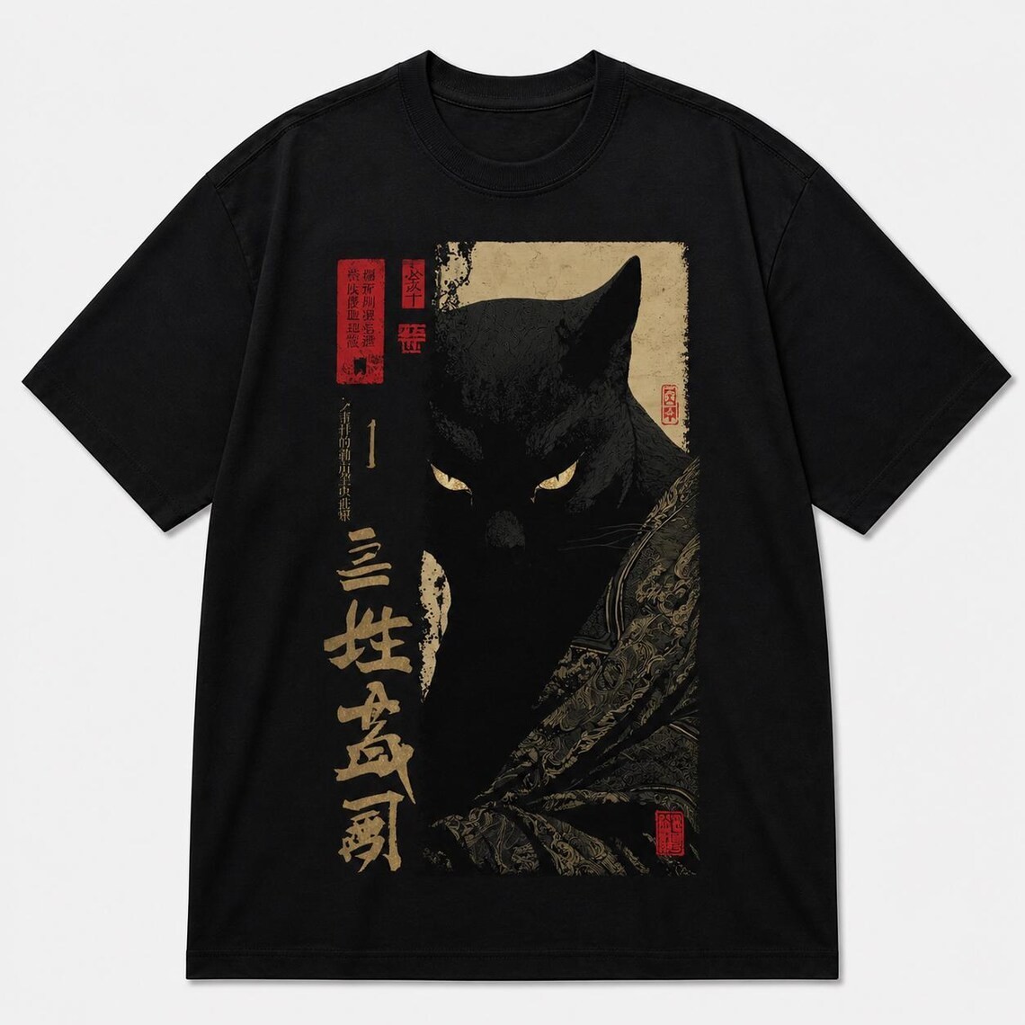 Japanese Samurai Black Cat Vintage Anime Streetwear Cotton T-Shirt