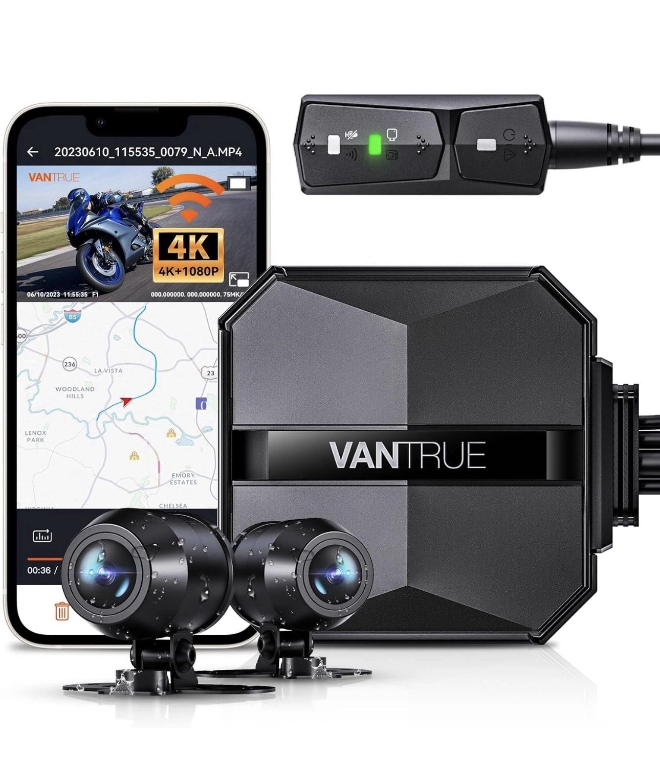 Vantrue Falcon 1 (F1) Motorcycle 4K Dashcam (4K + 1080P) GPS | WiFi 1TB Support
