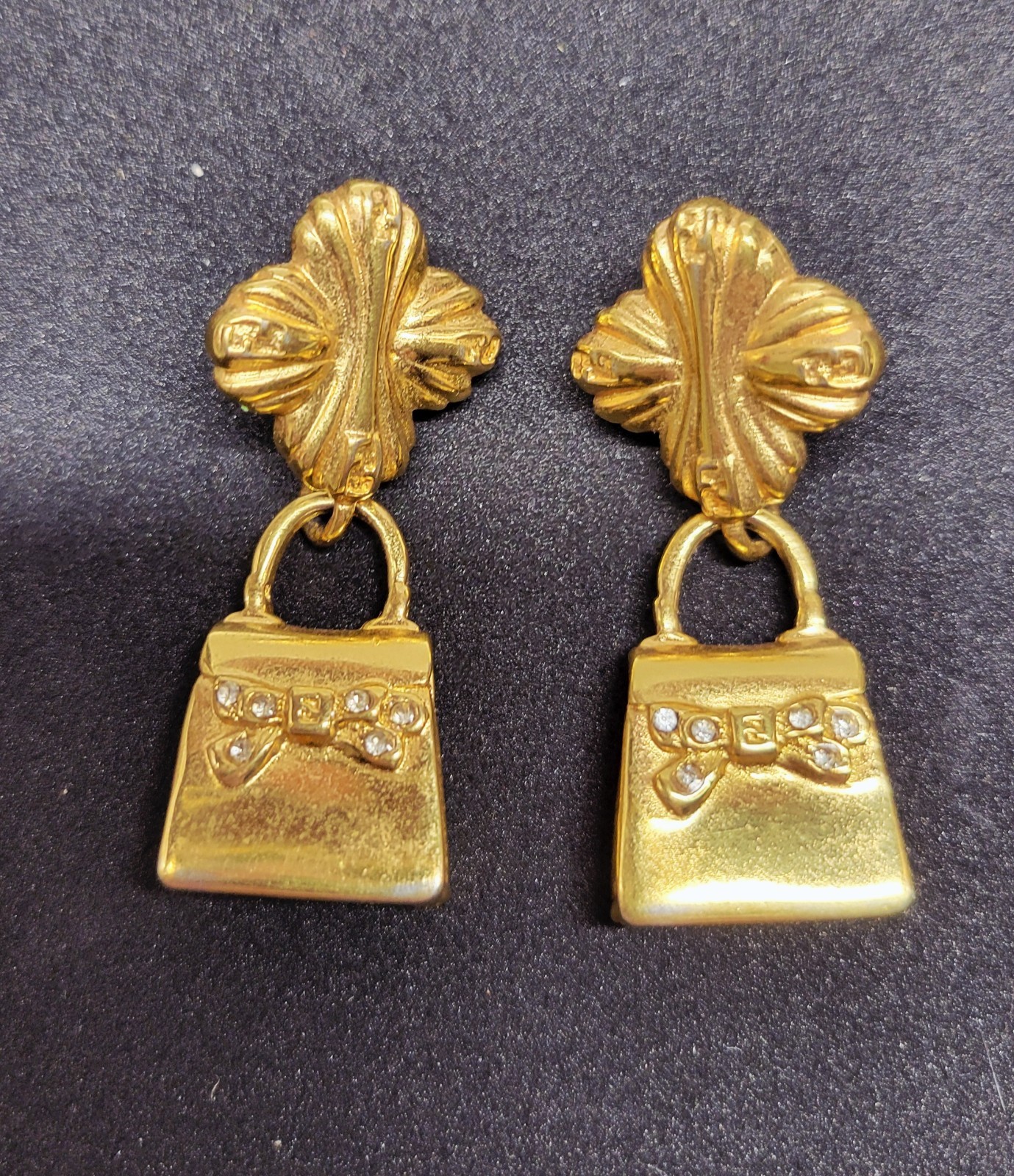 Vintage 1980\'s Fendi Gold Plated Handbag Drop Earrings Clip-on / Signed