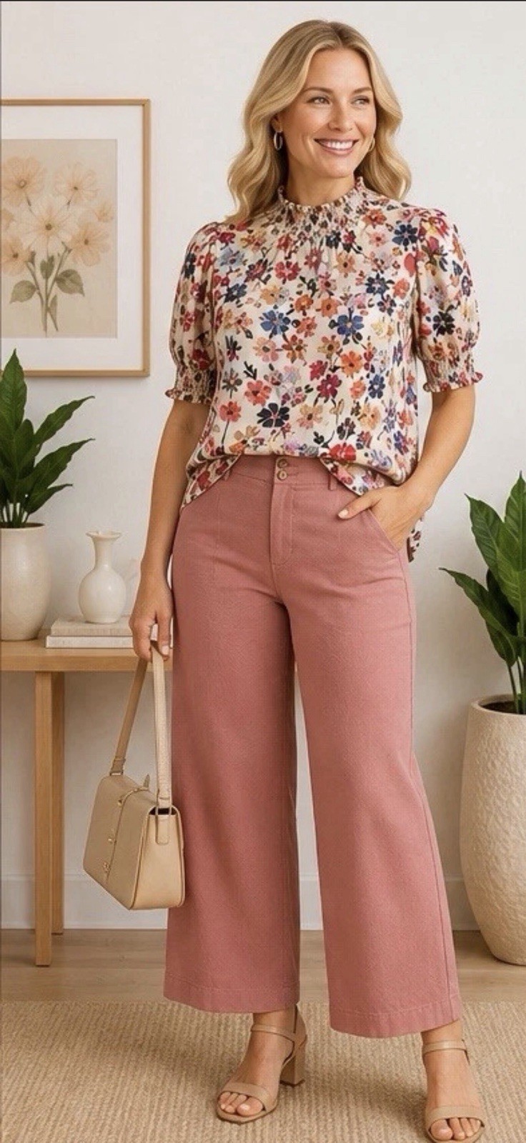 NWT LOFT Floral Smocked Mock Neck Blouse MP & Blush Wide Leg Pants 0P EarringSet