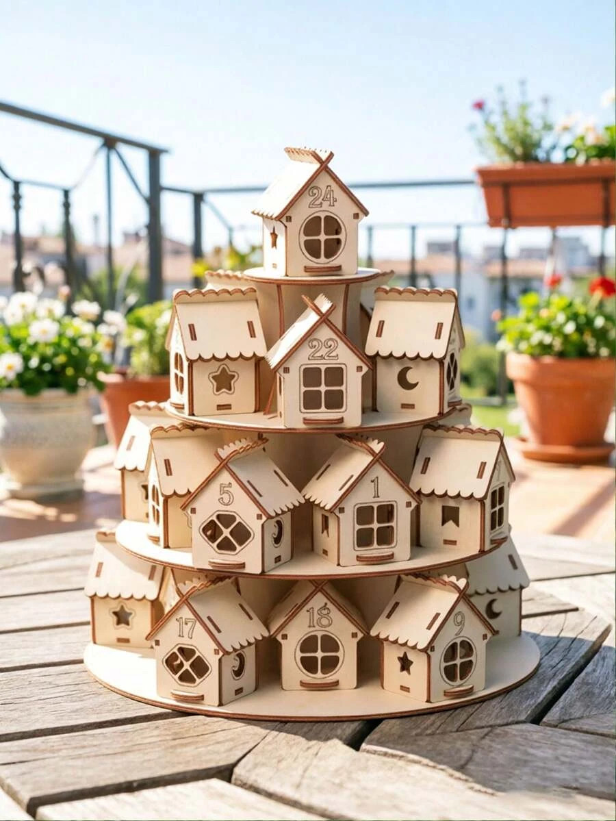 1pc Multi-Layer Wooden Christmas Advent Calendar Tower, DIY Assemble 24 Numbered