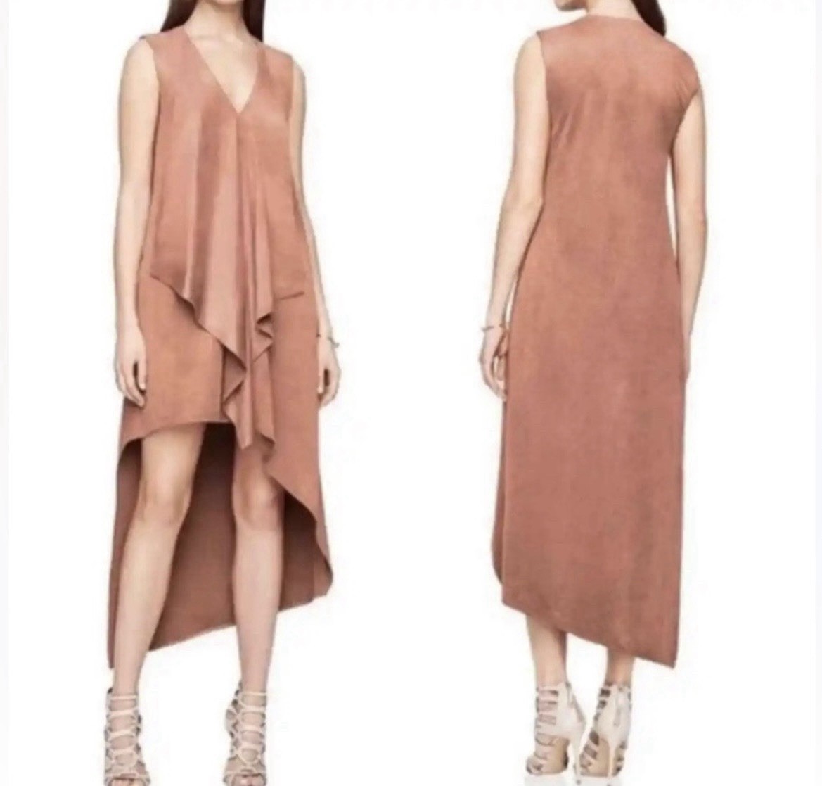 BCBG Maxazria Tara Asymmetrical Dress Sz S Cascade Ruffle Faux Suede Runway City