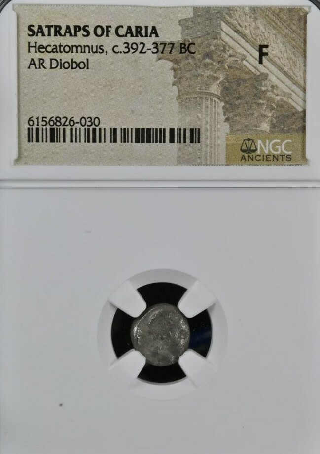 Satraps of Caria Hecatomnus, c.392-377 BC. Silver Diobol . Bull Head . NGC F