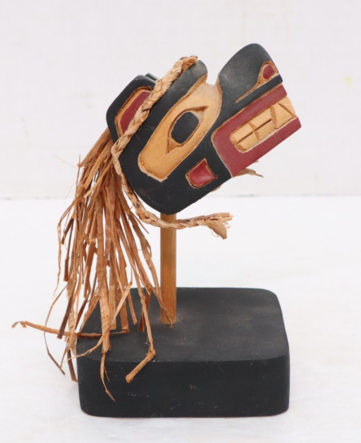 Pacific Northwest Coast Native Art Small Carved Wood Bear Mask on stand Signed