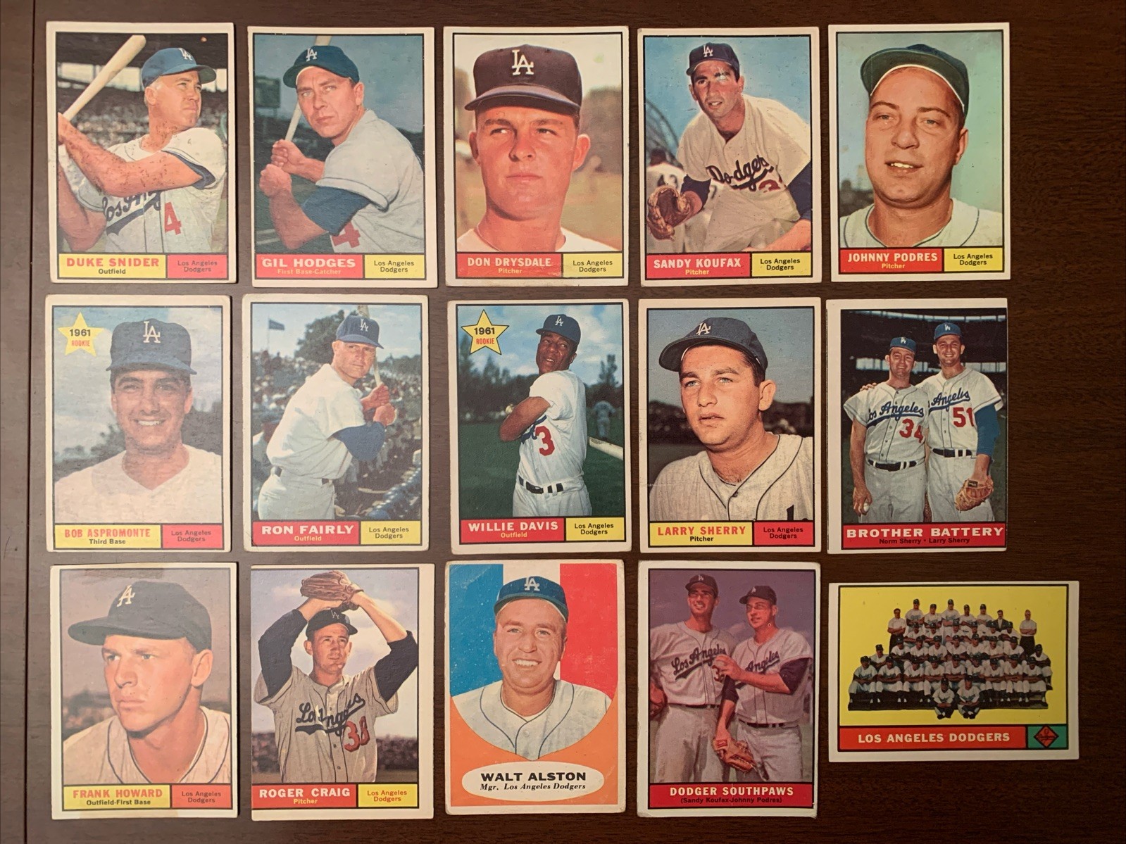 1961 Topps MLB Baseball LA Dodgers(15)Card Lot/Koufax/Drysdale/Snider+High+Lo #s