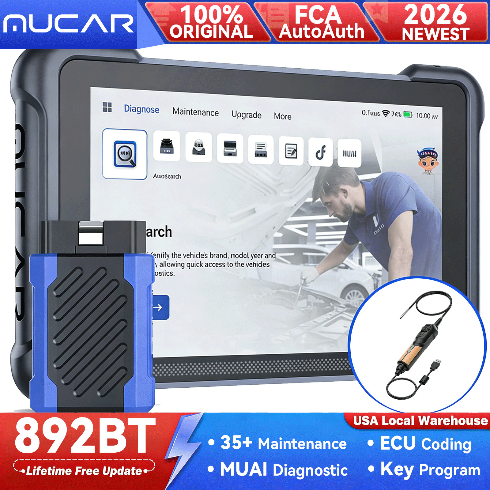 MUCAR 892BT OBD2 MU-AI Full Diagnostic Scanner CANFD/DOIP 35+Resets W/ Endoscope