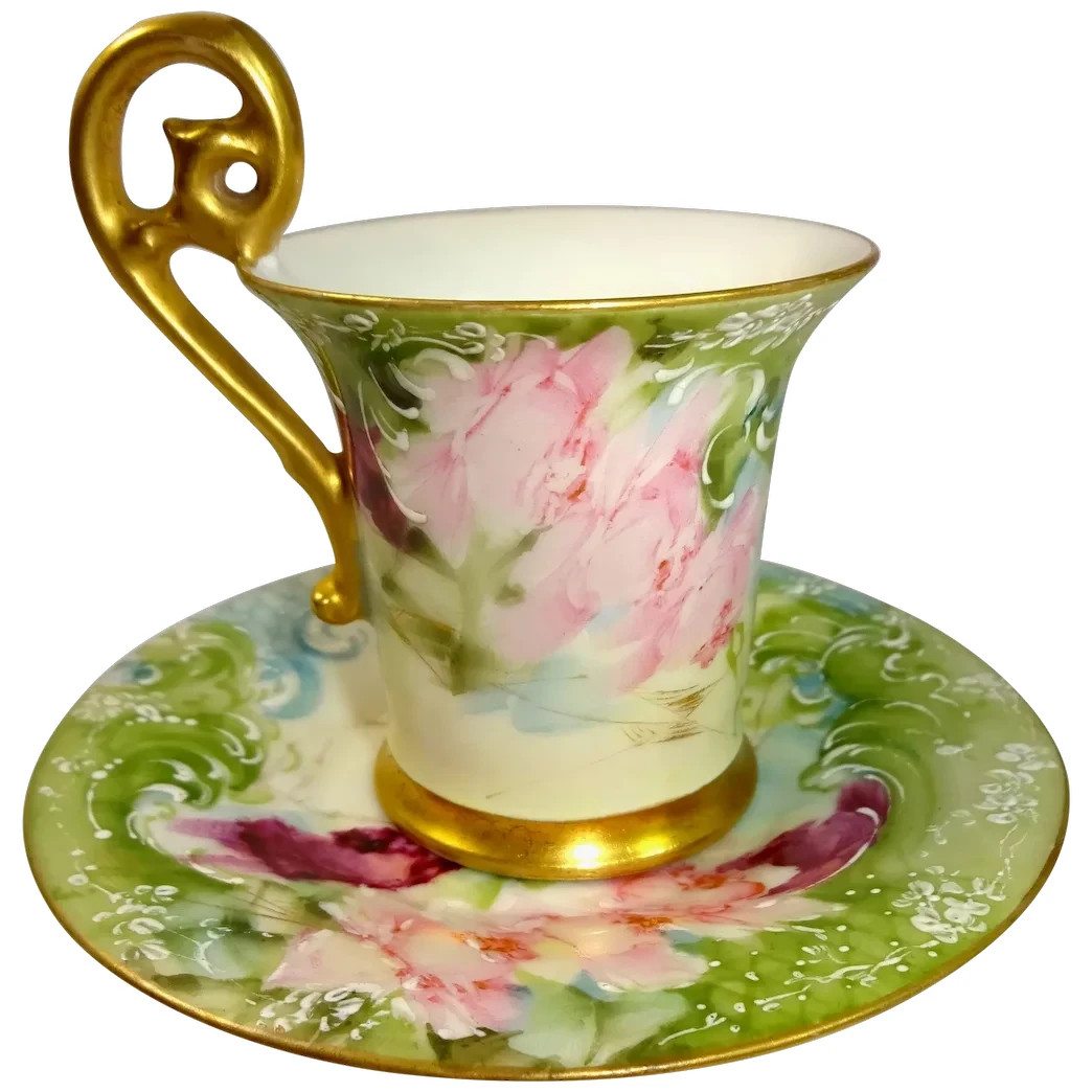 Antique T&V Limoges France Chocolate Cup Saucer Hand Painted Pink Tea Roses