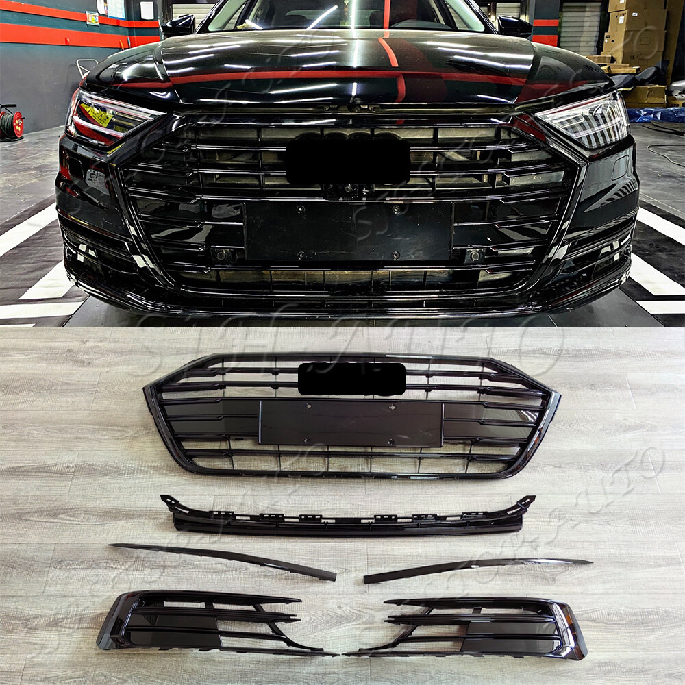 Gloss Black For 2019-2021 Audi A8 Front Bumper Grille & Fog Light Lamp Frame 6PC