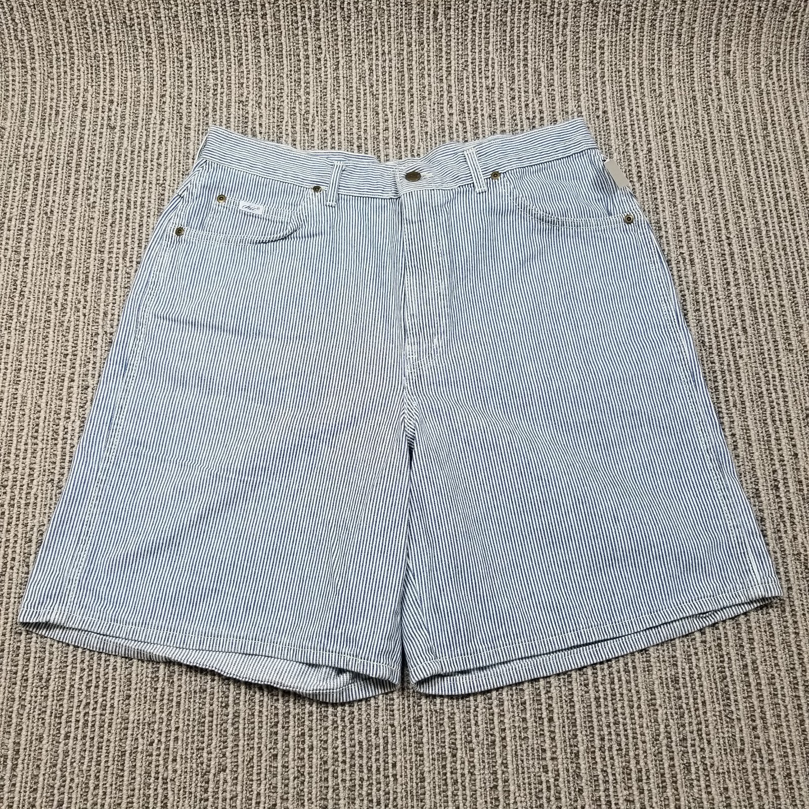 Vtg CHIC High Waist Striped Denim Jean Shorts - 18 Blue White Retro Mom