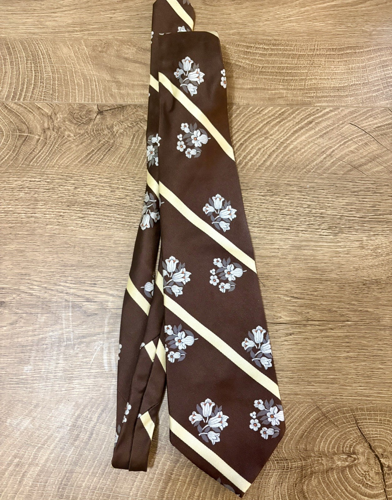 Vintage Christian Dior Monsieur Polyester Tie Brown Blue Floral Diagonal Stripe
