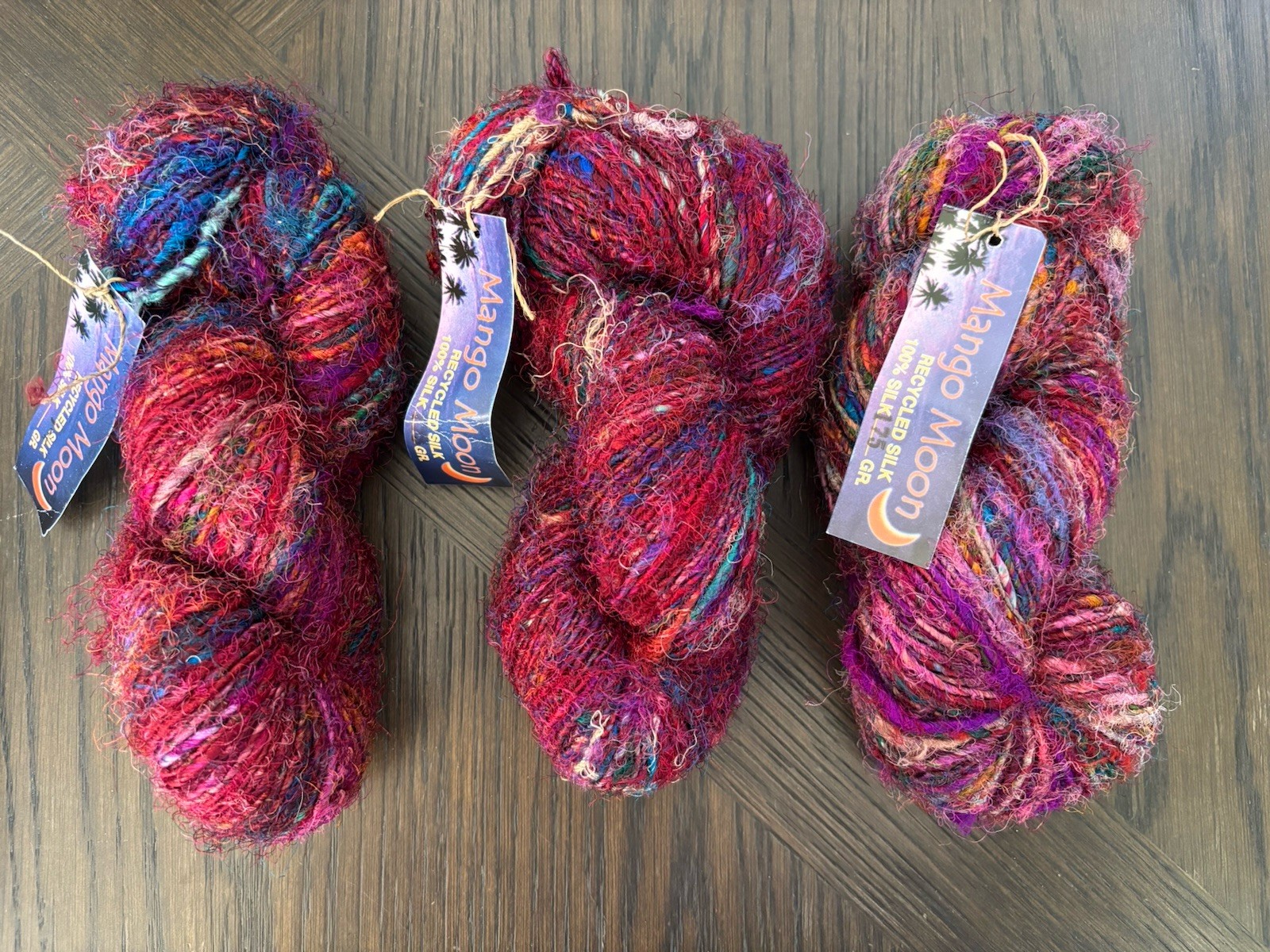 3 hanks MANGO MOON 100% recycled SILK YARN jewel tones NEPAL  175 GR.
