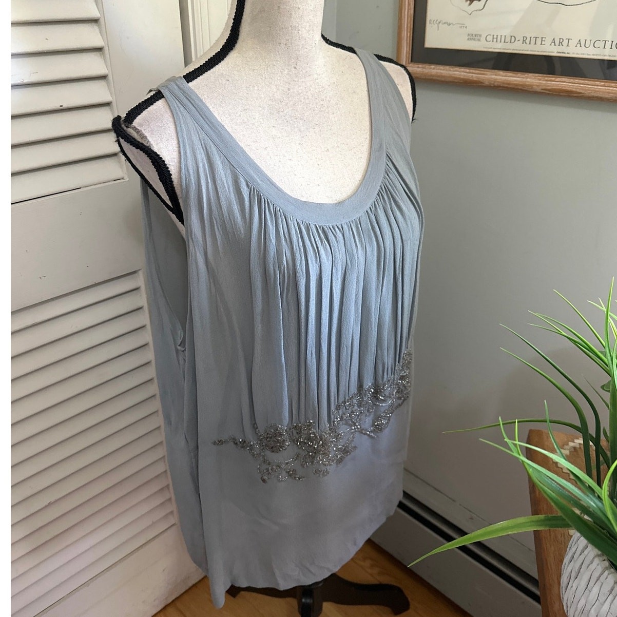 Dries Van Noten Top Womens 42 US 42 Gray Silk Beaded Sheer Tunic Quiet Luxury