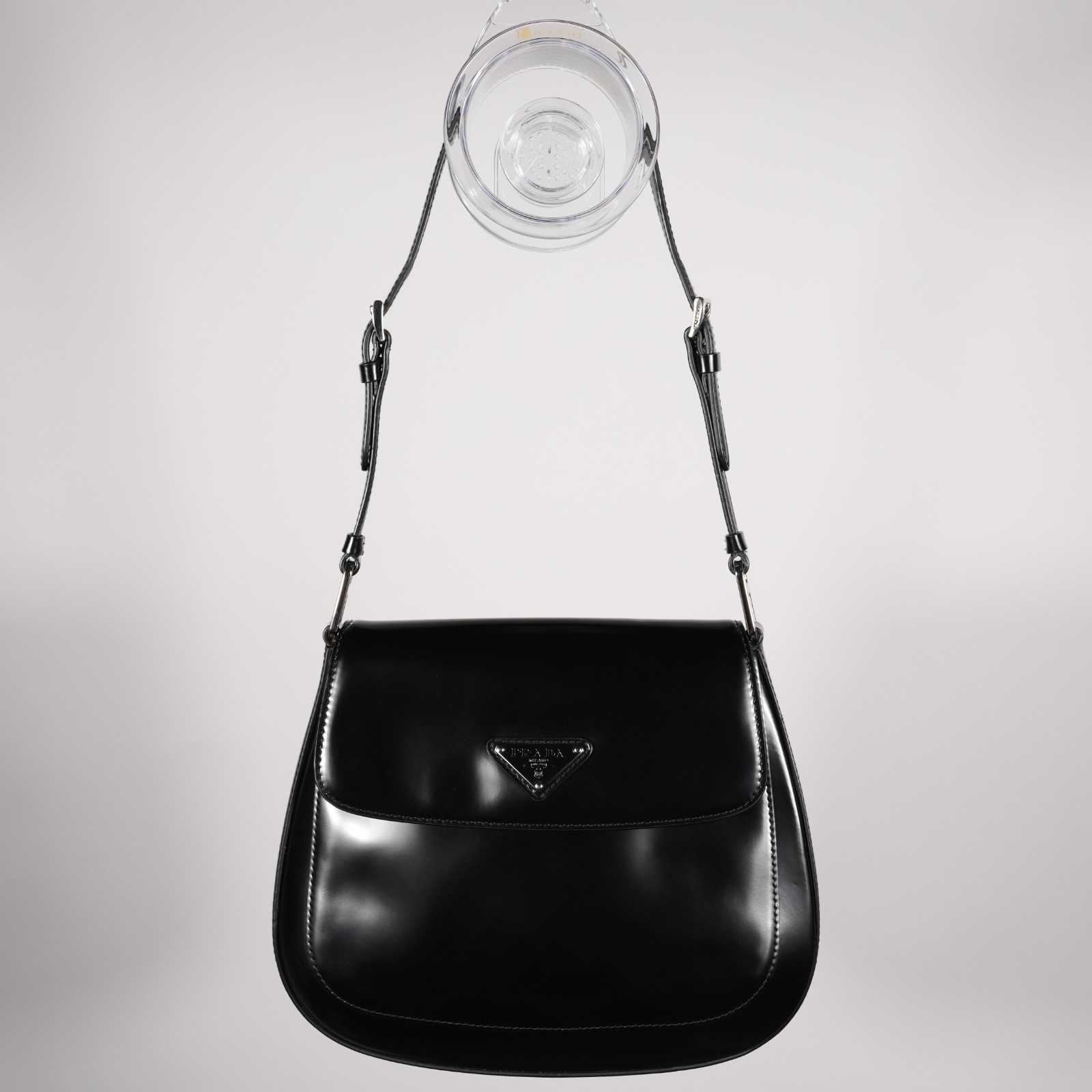 * Prada Spazzolato Medium Cleo Flap Brushed Black Leather Shoulder Bag 1BD303 * Prada Spazzolato Medium Cleo Flap Brushed Black Leather Shoulder Bag 1BD303