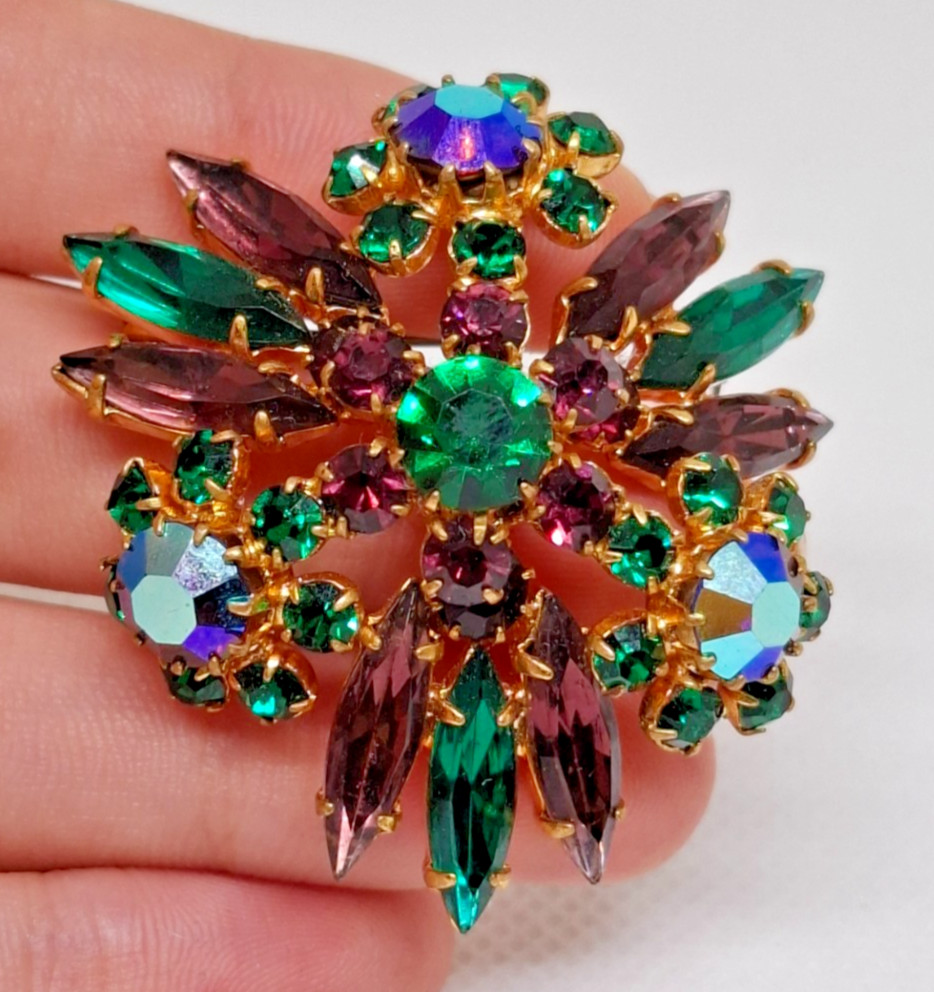 Vintage Czech Bohemian Tiered Rhinestone Brooch Pin Emerald Purple AB Crystal