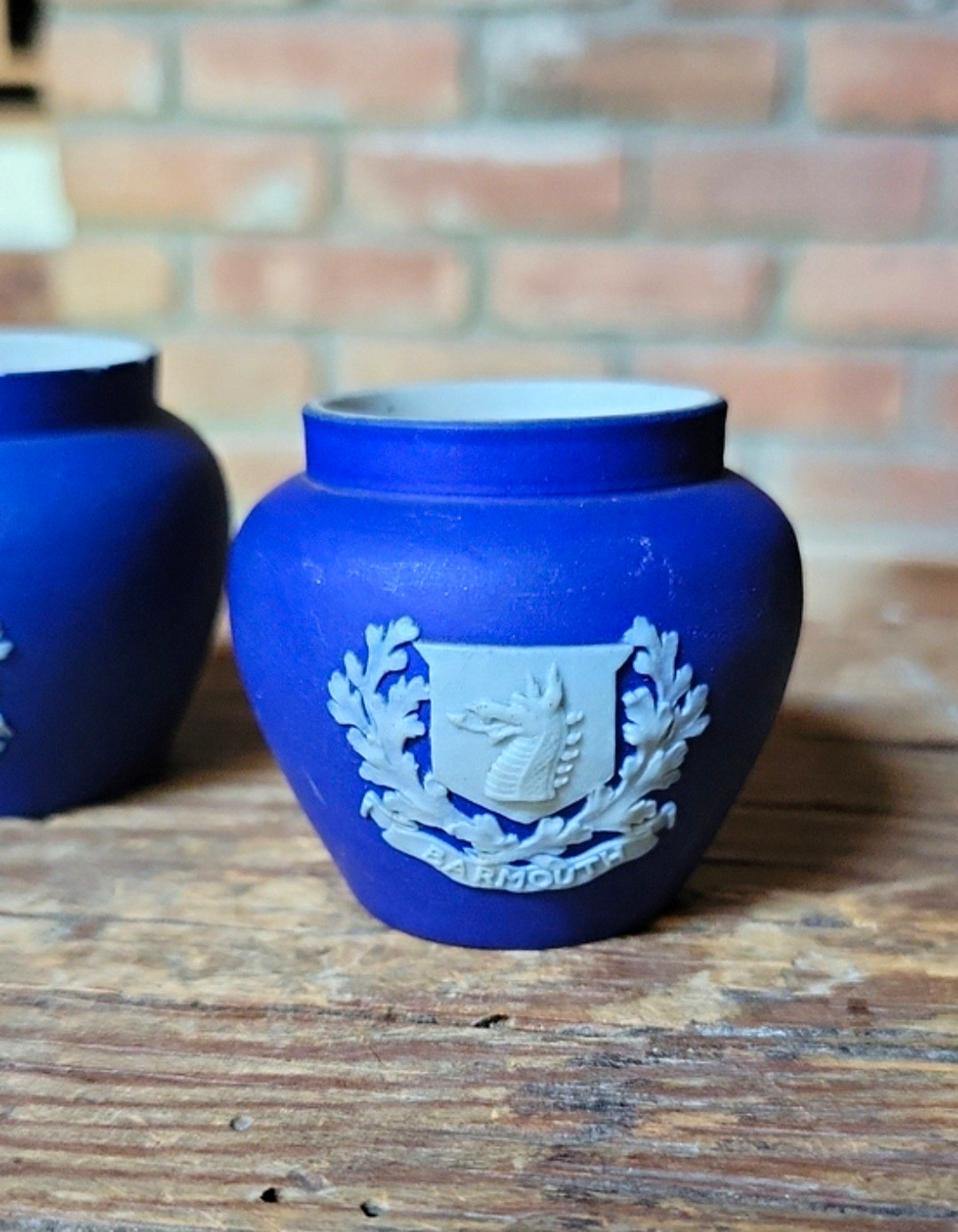 WEDGWOOD Early 1900's COBALT BLUE JASPERWARE BARMOUTH DRAGON THEME MINI POTS WEDGWOOD Early 1900's COBALT BLUE JASPERWARE BARMOUTH DRAGON THEME MINI POTS