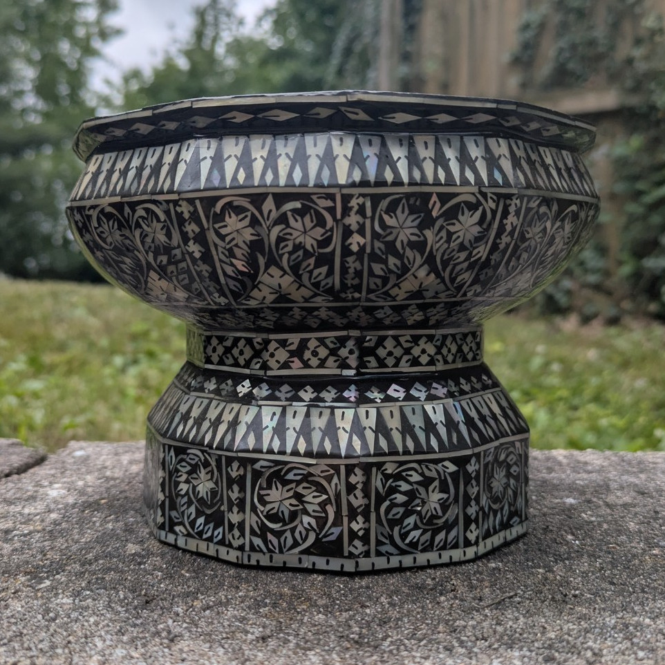 Antique Thai Mother of Pearl Inlaid Lacquer Lac Buddhist Cup Thailand 18 Century