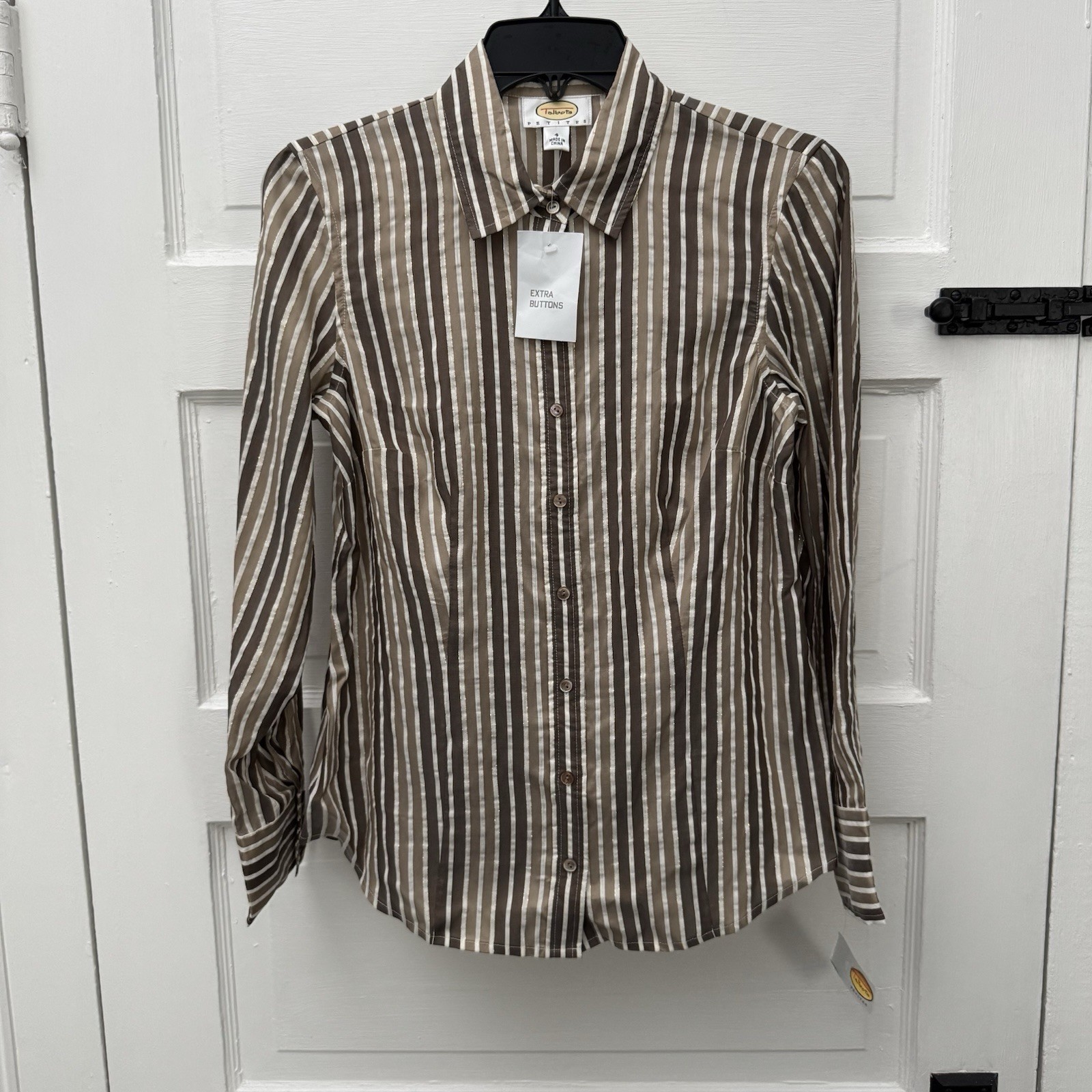 Talbots Petites Small 4P Brown Cream Striped Button Front Shirt NWT